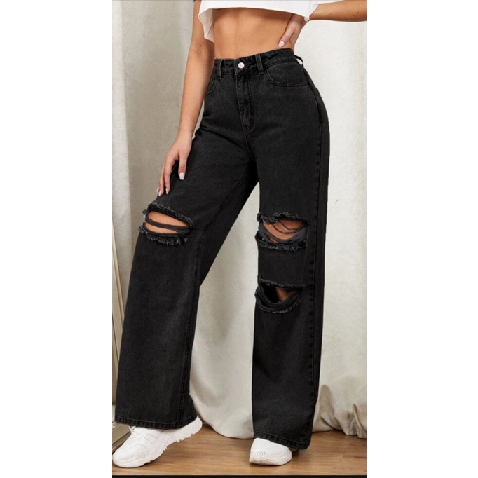 Calça Wide Destroyed Preta